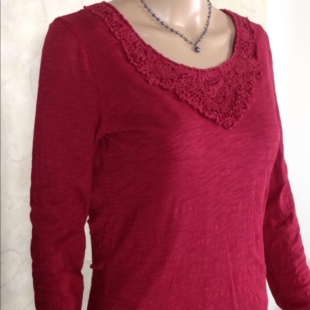 Lucky Brand Bias Lace Neckline Burgundy Red LS Top